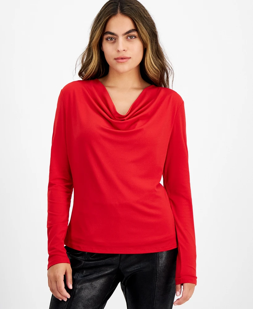 Bar Iii Petite Long-Sleeve Knit Cowlneck Top, Created for Macy's