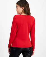 Bar Iii Petite Long-Sleeve Knit Cowlneck Top, Created for Macy's