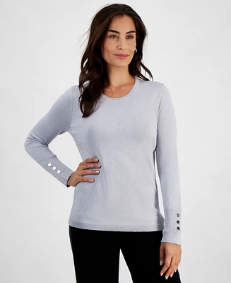 Jm Collection Petite Lurex Metallic Crewneck Button-Cuff Sweater, Created for Macy's