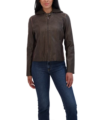 Sebby Collection Women's Garment Dyed Faux Leather Zip Front Jacket With Detachable Sweater Knit Hood