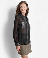 Dkny Women's Sheer Mixed-Media Button-Front Long-Sleeve Top