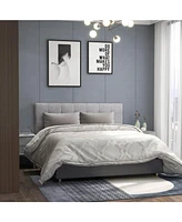 Sugift Linen Upholstered Headboard with Solid Rubber Wood Legs-Beige