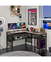 Skonyon L-Shaped Computer Desk with Charging Station and Adjustable Shelf-Gray