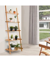 Skonyon 5-Tier Ladder Shelf Bamboo Bookshelf Wall-Leaning Storage Display Plant Stand-Natural