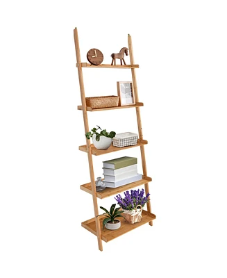 Skonyon 5-Tier Ladder Shelf Bamboo Bookshelf Wall-Leaning Storage Display Plant Stand-Natural