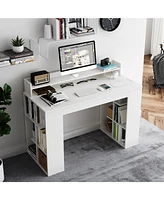 Skonyon Computer Desk with Dual 3-Tier Bookshelf and Monitor Shelf-White