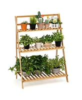 Costway Bamboo Ladder Plant Stand 3-Tier Foldable Flower Pot Display Shelf Rack