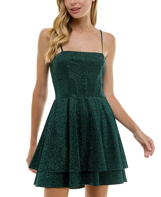 City Studios Juniors' Glitter Sleeveless Tiered Fit & Flare Dress