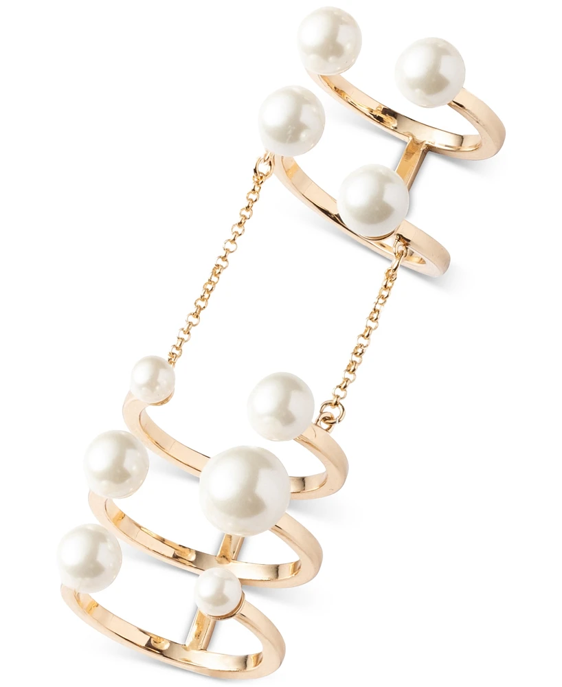 Emily in Paris Gold-Tone Imitation Pearl Multi Band & Chain Cuff Ring