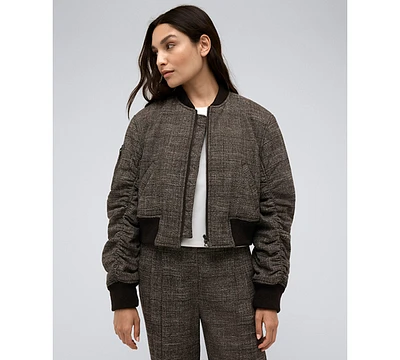 Kenneth Cole Women's Plaid Shirred-Sleeve Cropped Bomber Jacket