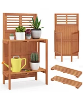 Sugift Folding Garden Potting Bench with 2-tier Storage Shelves