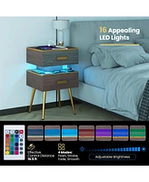 Sugift Nightstand Sofa Side Tables with Charging Station and 2 Drawers and Led lights-Gray