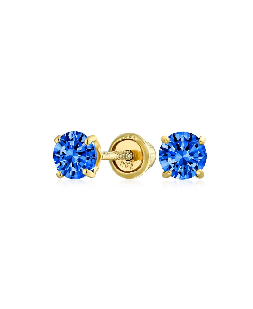 Bling Jewelry Minimalist Tiny Cubic Zirconia Blue Aqua Cz Round Solitaire Stud Earrings14K Yellow Gold Screw Back 3MM