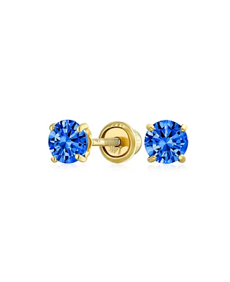 Bling Jewelry Minimalist Tiny Cubic Zirconia Blue Aqua Cz Round Solitaire Stud Earrings14K Yellow Gold Screw Back 3MM