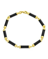 Bling Jewelry Asian Style Black Natural Onyx Strand Tube Bar Link Bracelet For Women Gold Plated Sterling Silver 7.5 Inch