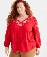 Style & Co Plus Size Embroidered Tie-Neck Knit Top, Created for Macy's