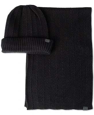 Kenneth Cole Reaction Men's Ribbed Herringbone Beanie & Scarf Set