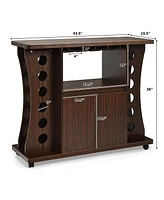 Gymax Rolling Buffet Sideboard Wooden Bar Storage Cabinet w/ Wine Rack & Glass Holder