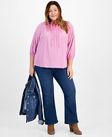 Style & Co Plus Velvet-Bib Cotton Tie-Neck Blouse, Created for Macy's