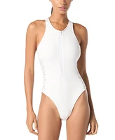 Michael Michael Kors Women's Laser Cut Zip-Front One-Piece Swimsuit