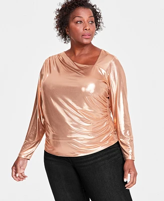 I.n.c. International Concepts Plus Asymmetrical-Neck Metallic Foil Top, Created for Macy's