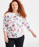 Style & Co Plus Size Printed Cotton Boat-Neck 3/4-Sleeve Top, Created for Macy's