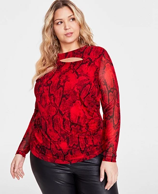 I.n.c. International Concepts Plus Printed Mesh Cutout Long-Sleeve Top, Created for Macy's