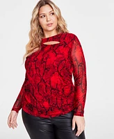 I.n.c. International Concepts Plus Printed Mesh Cutout Long-Sleeve Top, Created for Macy's