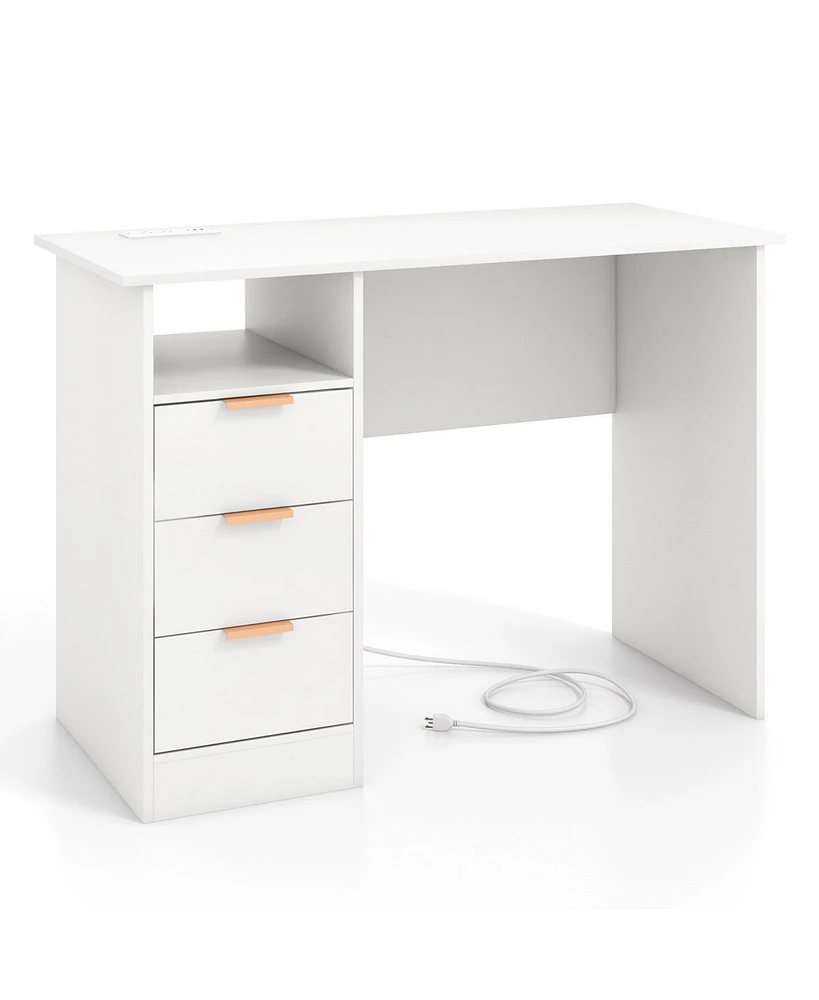 Skonyon Home Office Desk with Power Outlet 3 Storage Drawers and Open Compartment-White