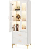 Tribesigns Bookcase with Doors and Led Light,Bookshelf with 2 Drawers, Freestanding Tall Storage Cabinet for Living Room, Bathroom, Office, Kitchen