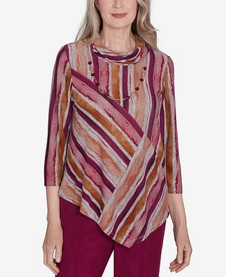 Alfred Dunner Petite Wine Country Spliced Stripe Necklace Top