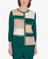 Alfred Dunner Petite Emerald Isle Color Blocking Gold Trim Sweater