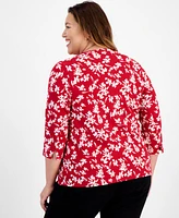 Style & Co Plus Size Printed Cotton Boat-Neck 3/4-Sleeve Top, Created for Macy's