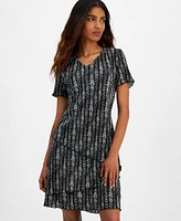 Connected Petite Tiered Pleated Short-Sleeve Sheath Dress