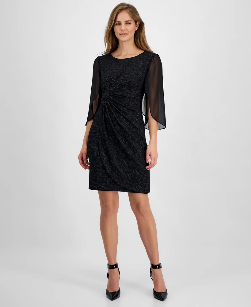 Connected Petite Round-Neck Cape-Sleeve Shimmer Dress