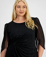 Connected Plus Round-Neck Cape-Sleeve Glitter Dress