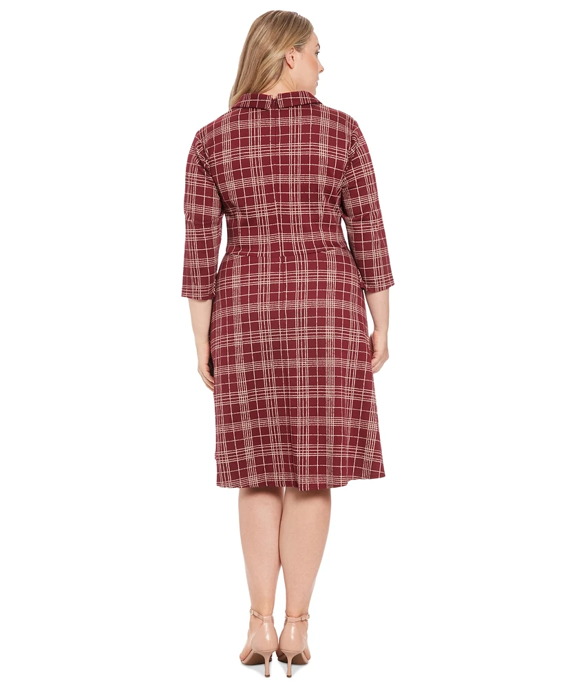 London Times Plus Size Plaid Collared V-Neck 3/4-Sleeve Dress