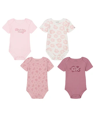 Calvin Klein Baby Girl 4-Pack Floral Multi Logo Short Sleeve Bodysuits