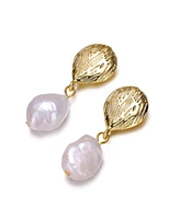 Genevive 14k Yellow Gold Plated with Baroque Oval Genuine Freshwater White Pearl Coral Reef Dangle Earrings in Sterling Silver