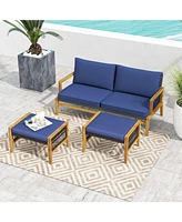 Skonyon Patio Acacia Wood Ottomans with Cushions and Versatile Rattan Woven Footstools-Navy