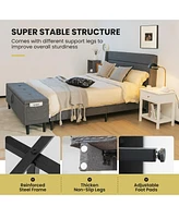 Gymax Full Upholstered Platform Bed Frame w/ Storage Ottoman Slats Support Grey