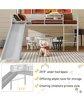 Gymax Twin Metal Loft Bed with Slide Guardrails Built-in Ladder Low Bed Frame Silver