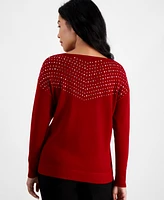Ak Anne Klein Petite Embellished Boat-Neck Sweater