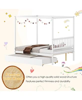 Gymax Full Size Canopy Bed with Trundle Wooden Platform Bed Frame Headboard Grey