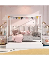 Gymax Full Size Canopy Bed with Trundle Wooden Platform Bed Frame Headboard Grey