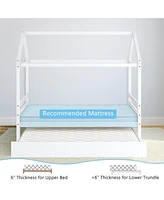 Gymax Twin House Bed Frame w/ Trundle Roof Wooden Platform Mattress Foundation Grey