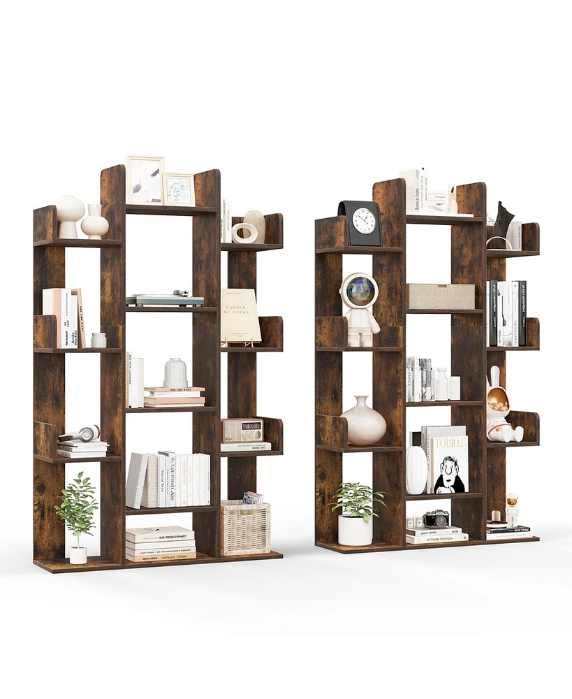 Costway 2 Pcs Bookshelf Tree-Shaped Bookcase with 13 Storage Shelf Rustic Industrial Style