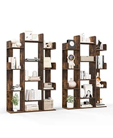 Costway 2 Pcs Bookshelf Tree-Shaped Bookcase with 13 Storage Shelf Rustic Industrial Style