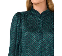 CeCe Women's Geo-Print Open-Collar Hidden-Placket Blouse