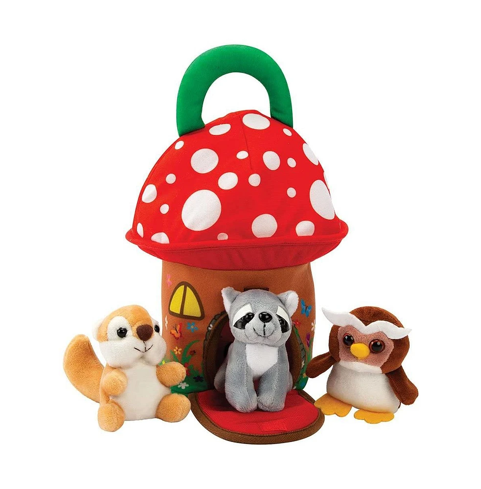 Kovot Mushroom Carrier Home with Soft Plush Forest Animals – Owl, Raccoon, and Beaver with Animal Sounds